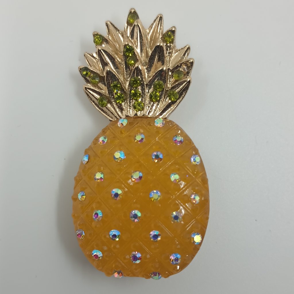 Gold Tone Etched Glass Pineapple Brooch
